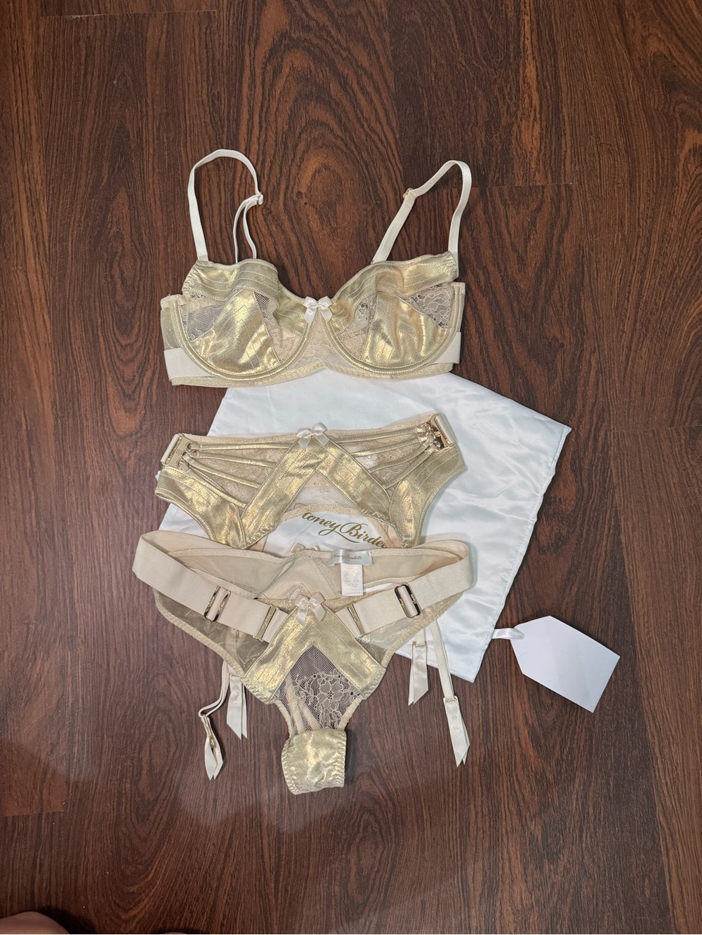 Honey Birdette Gold Metallic Lace Balconette Bra & Garter Set